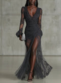 Sofia | Dark Grey Lace Ruched Maxi Dress