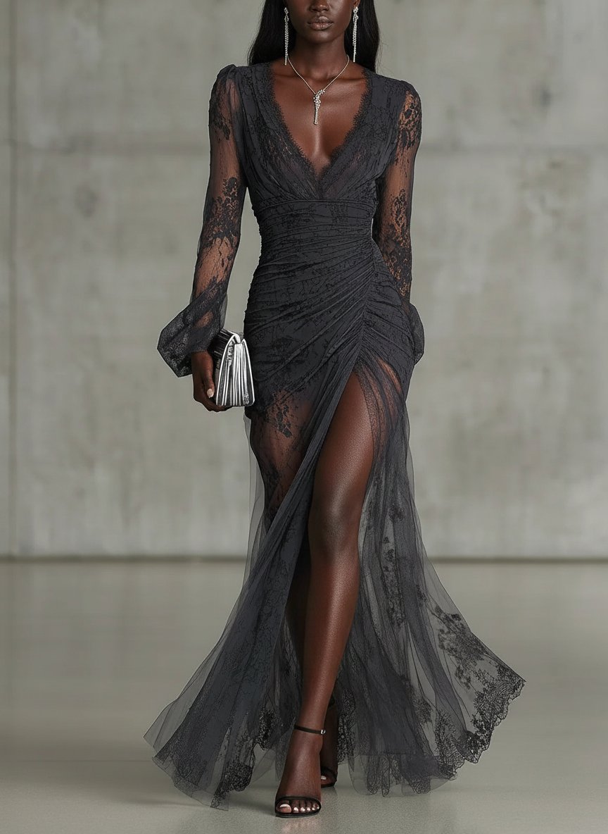 Sofia | Dark Grey Lace Ruched Maxi Dress