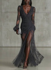 Sofia | Dark Grey Lace Ruched Maxi Dress