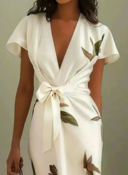 Judy | White Leaf Short Sleeve Satin Midi Dress