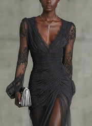 Sofia | Dark Grey Lace Ruched Maxi Dress