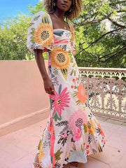 Ivy | Holiday Square Neck Floral Print Maxi Dress