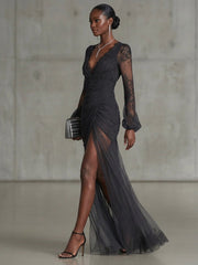 Sofia | Dark Grey Lace Ruched Maxi Dress