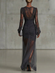 Sofia | Dark Grey Lace Ruched Maxi Dress