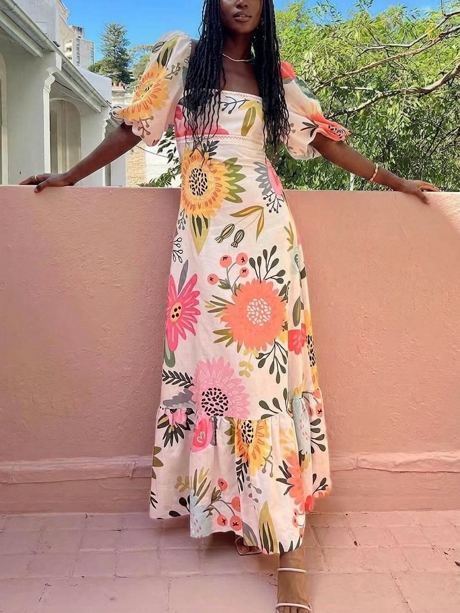 Ivy | Holiday Square Neck Floral Print Maxi Dress