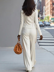 Wite Stand-Up Collar Zip-Up Wide Pant Set