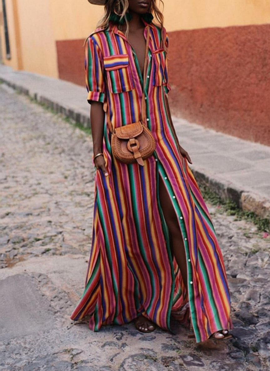 Nancy | Summer Casual Striped Printed Shirt Maxi Skirt