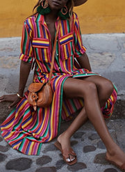 Nancy | Summer Casual Striped Printed Shirt Maxi Skirt