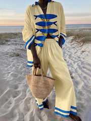 Mae | Island Style Ocean Print Oversized Shirt and Elastic Waist Pocket Pants Set