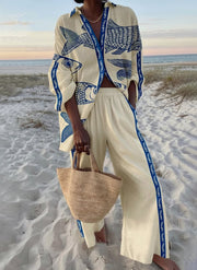 Mae | Island Style Ocean Print Oversized Shirt and Elastic Waist Pocket Pants Set