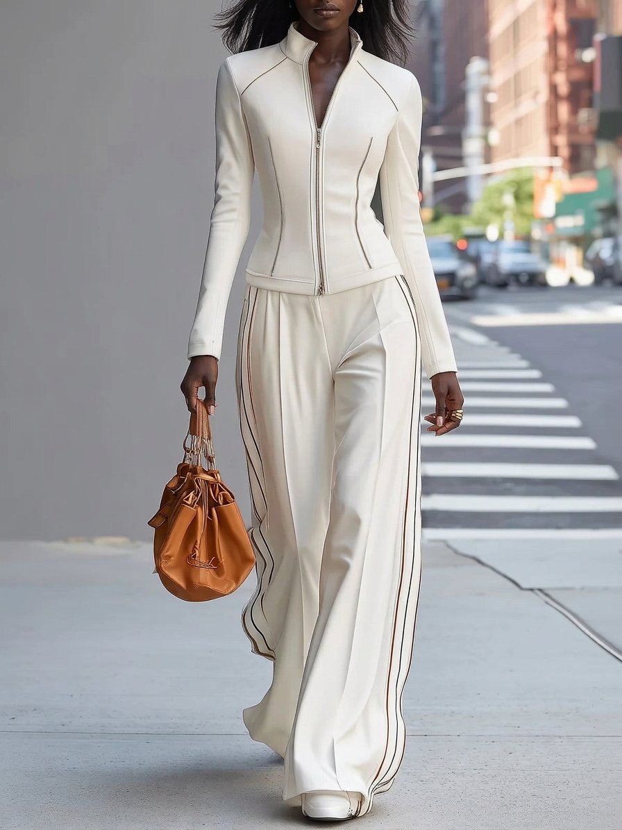 Wite Stand-Up Collar Zip-Up Wide Pant Set