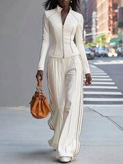 Wite Stand-Up Collar Zip-Up Wide Pant Set