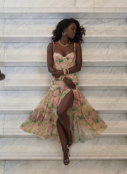 Marigold | Spaghetti Strap Sheer Overlay Midi Dress