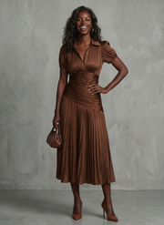 Theodora | Pleated Waistline Stripe Midi Dress