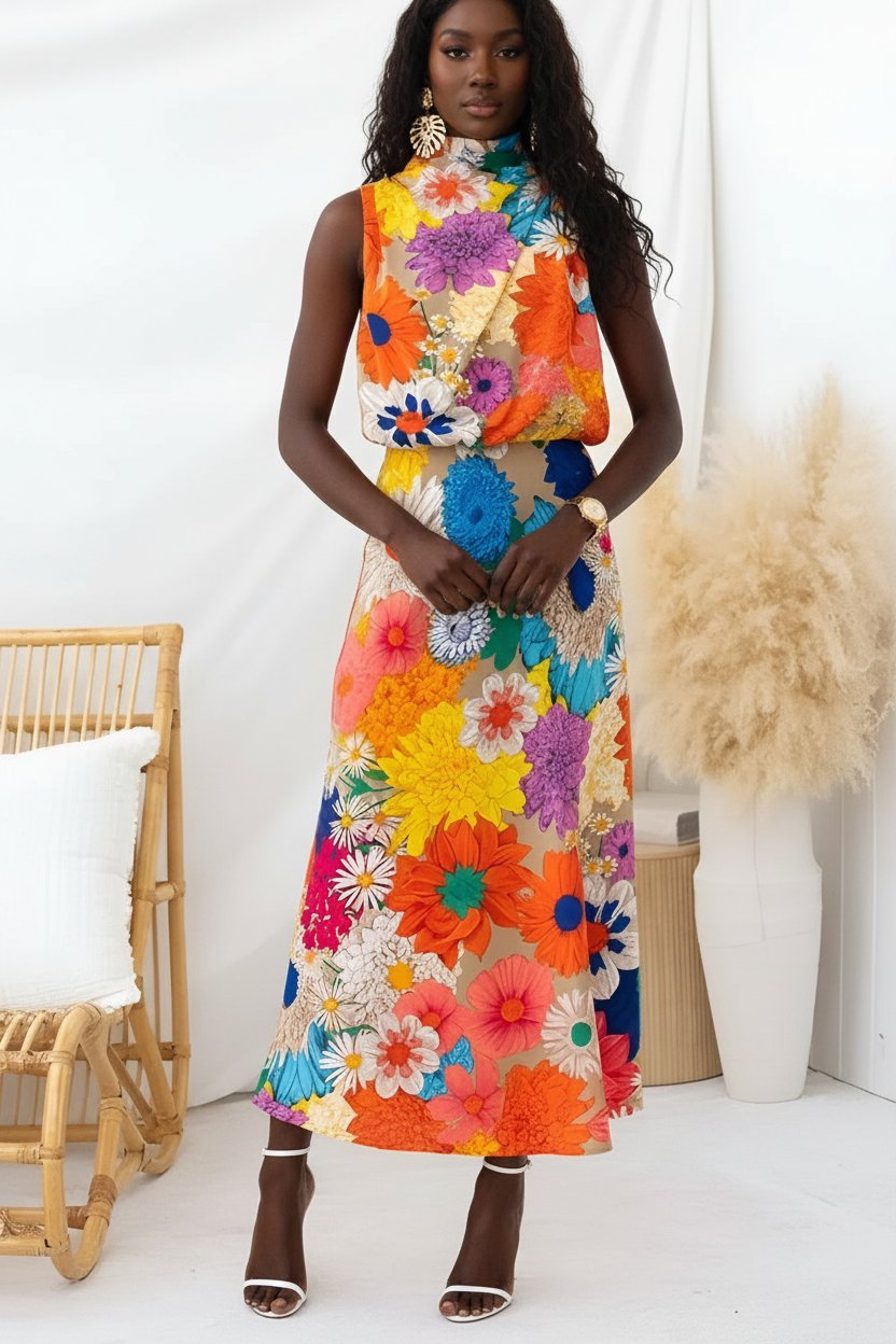 Summer | Sleeveless Tie Neck Waisted Floral Print Maxi Dress