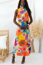 Summer | Sleeveless Tie Neck Waisted Floral Print Maxi Dress