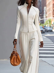 Wite Stand-Up Collar Zip-Up Wide Pant Set