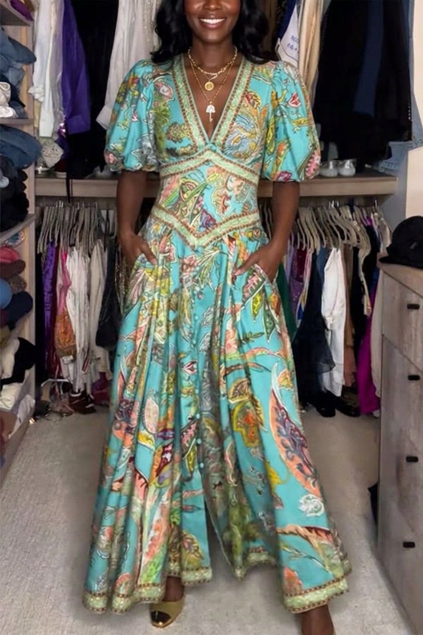 Amelia Quinn | Airy maxi dress with puff sleeves and V-neck