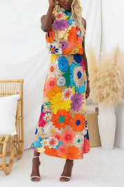 Summer | Sleeveless Tie Neck Waisted Floral Print Maxi Dress