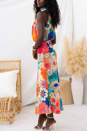Summer | Sleeveless Tie Neck Waisted Floral Print Maxi Dress