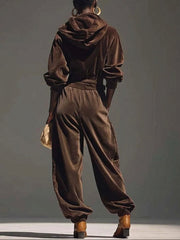 Vintage brown velvet hoodie and loose pants set (Includes belt)