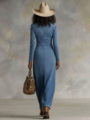 Agapee | V-neck Single Button Side Split Denim Long Sleeve Maxi Dress