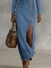 Agapee | V-neck Single Button Side Split Denim Long Sleeve Maxi Dress