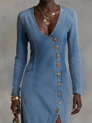 Agapee | V-neck Single Button Side Split Denim Long Sleeve Maxi Dress