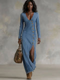 Agapee | V-neck Single Button Side Split Denim Long Sleeve Maxi Dress