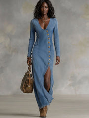 Agapee | V-neck Single Button Side Split Denim Long Sleeve Maxi Dress
