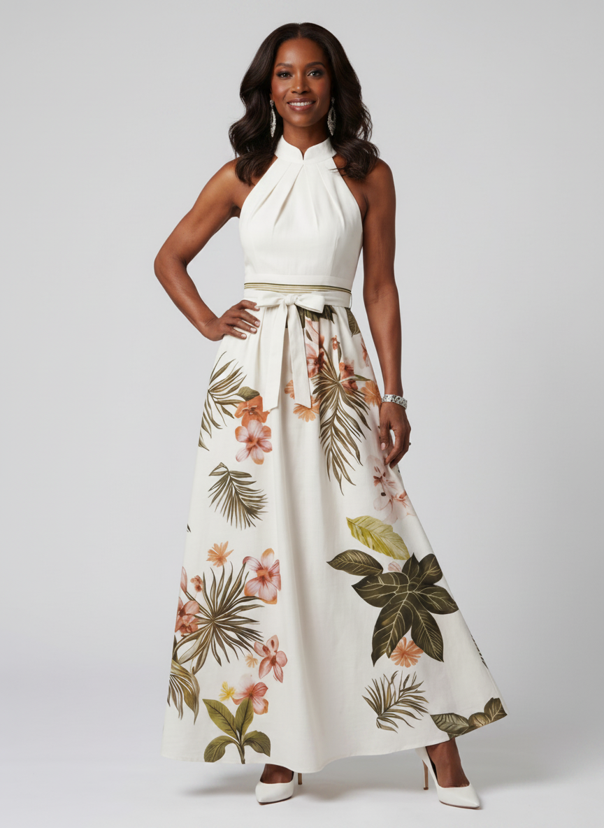 Meadow | Draped Halter Botanical Panel Maxi Dress