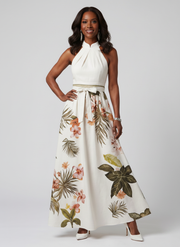 Meadow | Draped Halter Botanical Panel Maxi Dress