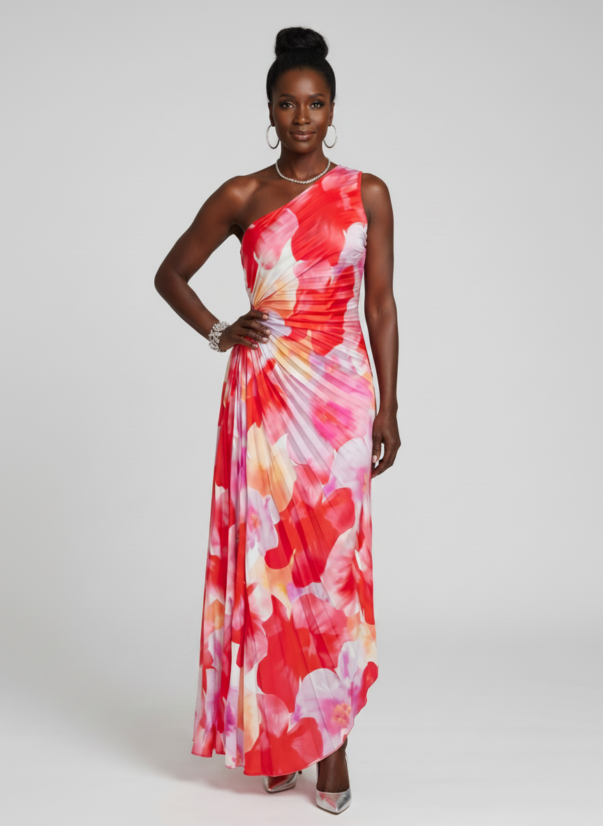 Taya | One Shoulder Pleated Bodice Midi Dress