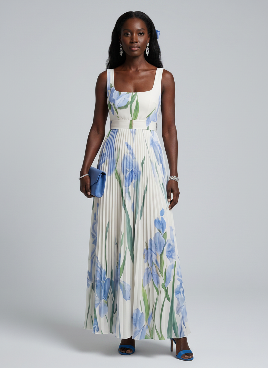 Ophelia | Sleeveless Square Neck Floral Print Midi Dress