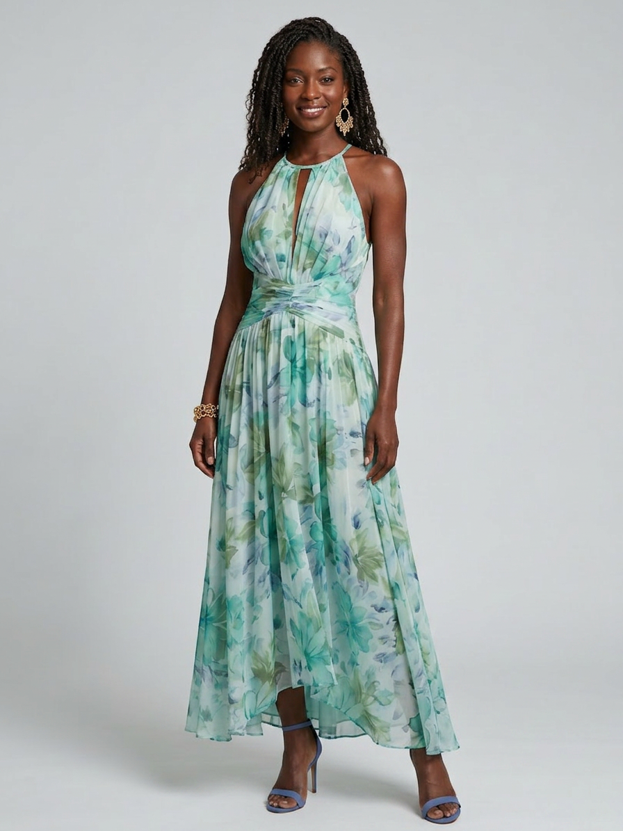Portia | Pleated Halter Soft Floral Pattern Midi Dress