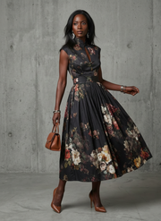 Greta | High Neck Keyhole Floral Pleated Midi Dress