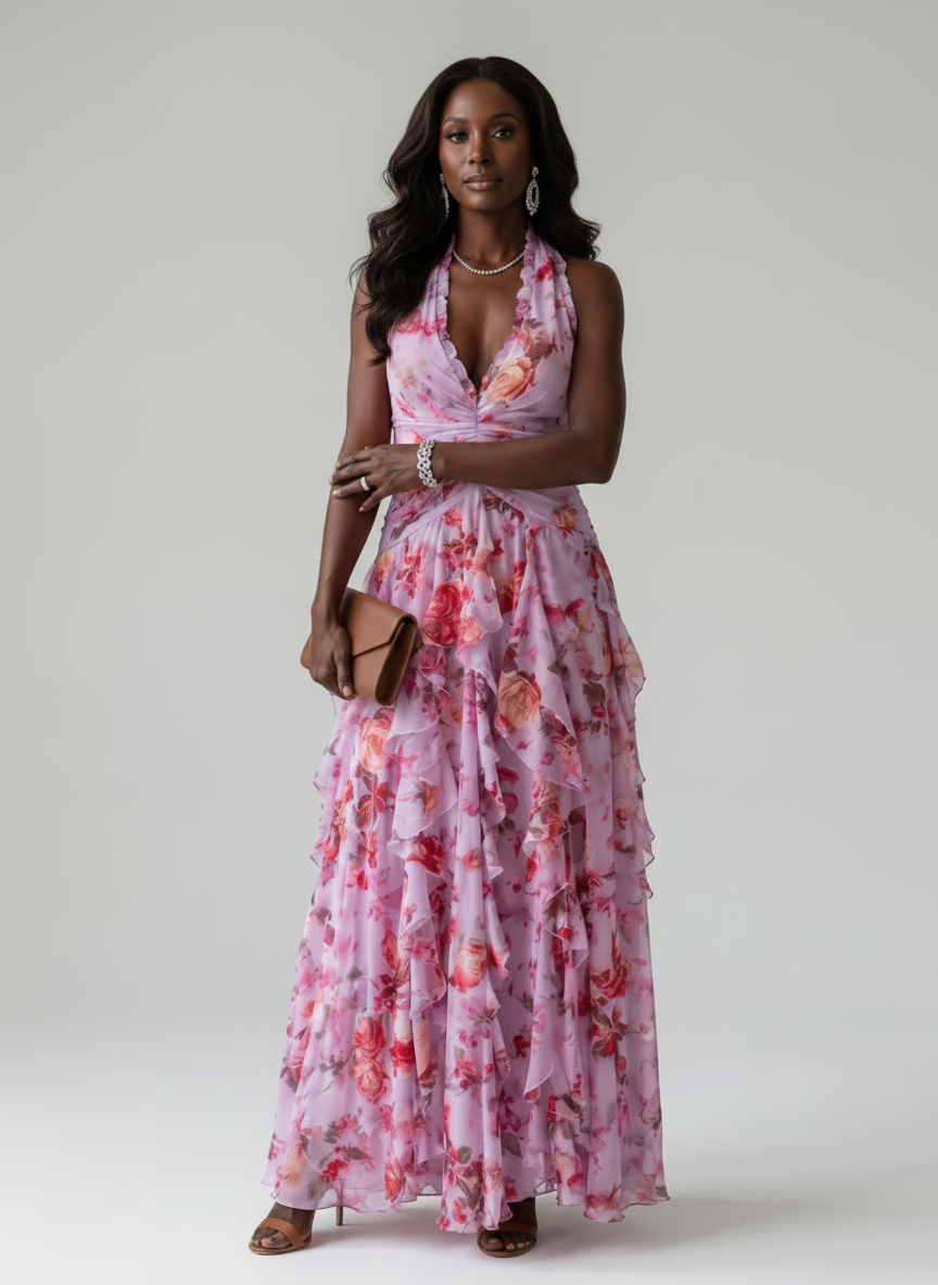 Nori | Halter Neck Ruched Bodice Floral Maxi Dress