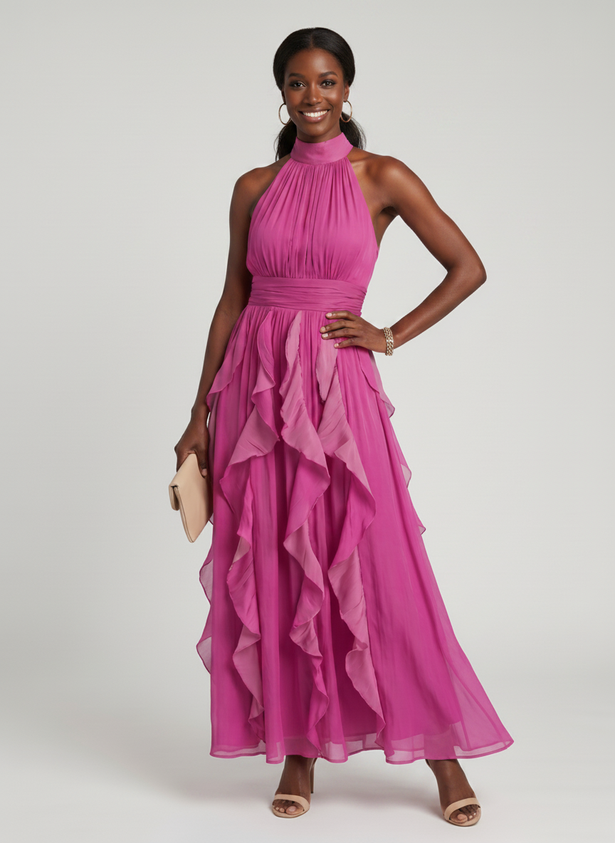 Orea | High Neck Gathered Ruffle Layers Maxi Dress