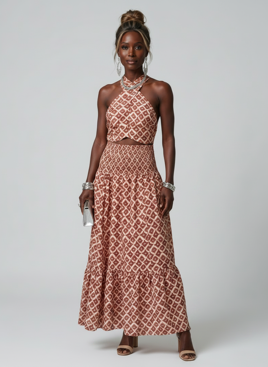 Amira | Cross Halter Geometric Print Cutout Midi Dress