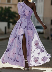 Julie | Light Green Floral Chiffon One-Shoulder Maxi Dress