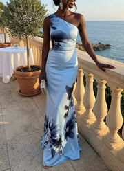 Victoria | Satin Ink Print Off-Shoulder Maxi Dress