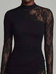 Blak Turtleneck Lace Asymmetrical Tulle Long Sleeve Mini Dress