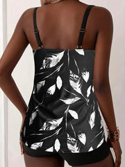 Elisee | Black & White Leaf Print Tankini Set