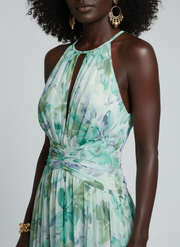 Portia | Pleated Halter Soft Floral Pattern Midi Dress