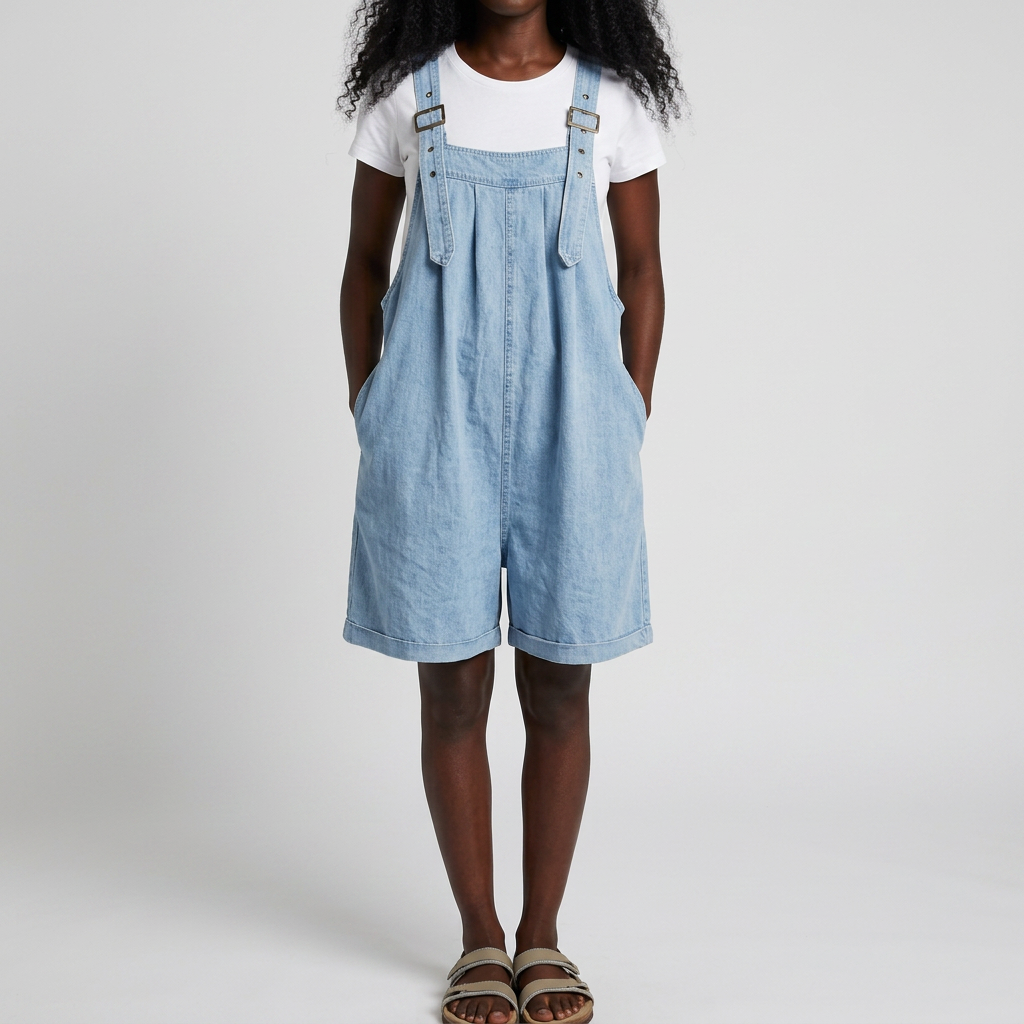 Clara | Vintage Washed Soft Cotton Feel Denim Short Overall Light blue