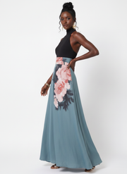 Olympas | Halter Bodice Floral Skirt Maxi Dress