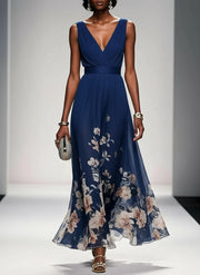 Rose | Light Blue Floral Chiffon V-Neck Maxi Dress