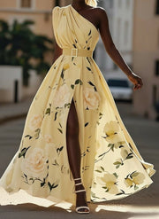 Julie | Light Green Floral Chiffon One-Shoulder Maxi Dress