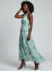 Portia | Pleated Halter Soft Floral Pattern Midi Dress