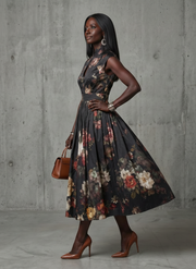 Greta | High Neck Keyhole Floral Pleated Midi Dress